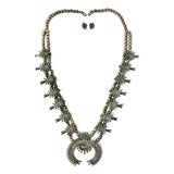 Vintage Zuni Squash Blossom Sterling Silver Turquoise Necklace With Earrings Set For Sale