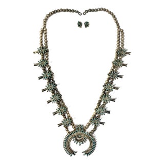 Vintage Zuni Squash Blossom Sterling Silver Turquoise Necklace With Earrings Set For Sale