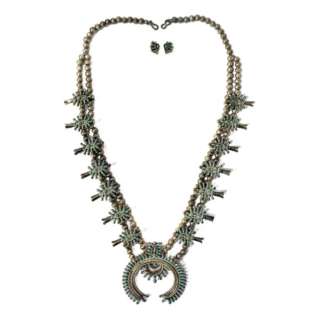 Vintage Zuni Squash Blossom Sterling Silver Turquoise Necklace With Earrings Set For Sale