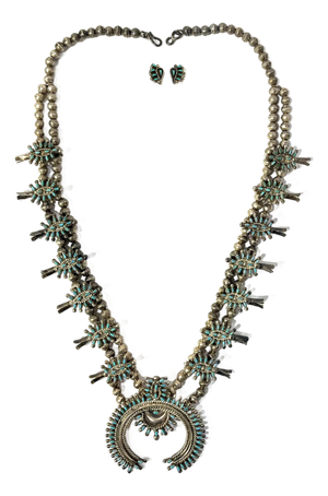Vintage Zuni Squash Blossom Sterling Silver Turquoise Necklace With Earrings Set
