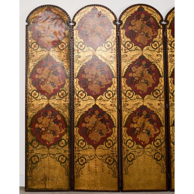 Spanish Spanish Colonial Baroque Style Painted Leather Eight Panel Screen For Sale - Image 3 of 18