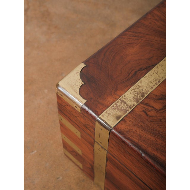 Campaign Vintage Brass Bound Campaign Writing Slope Lap Desk With Velvet Interior Storage Compartments Folding Travel Writing Box For Sale - Image 3 of 14