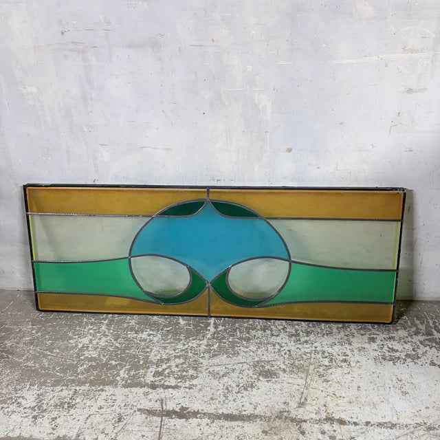 Vintage Geometric Stained Leaded Glass Window Panel For Sale - Image 4 of 12