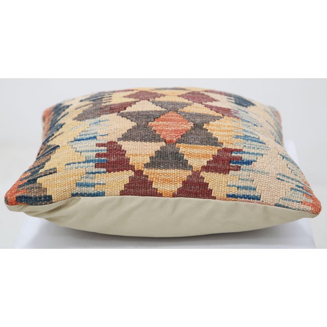Tribal Arteverk Handwoven Afghan Kilim Pillow — Beige & Blue Diamond Lattice For Sale - Image 3 of 3