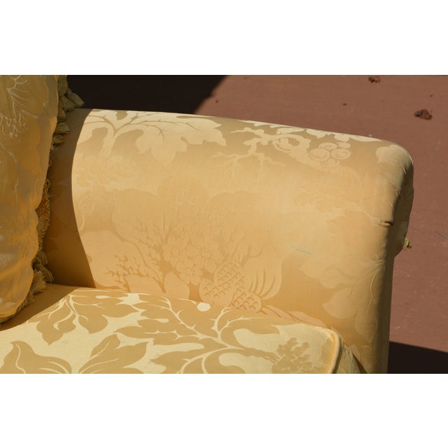 Sherill Yellow Damask Couch W/ Corded Fringed Skirt & Tasseled Throw Pillows For Sale - Image 10 of 18