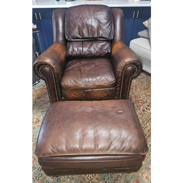Metal 1990s Perfectly Worn Set Leather Library Club Chair and Matching Ottoman For Sale - Image 7 of 9