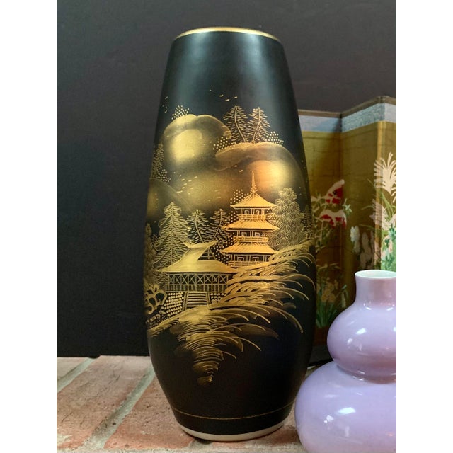 Vintage Japanese Matte Black & Gold Porcelain Vase | Chairish