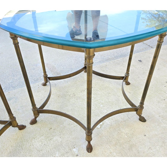 Vintage Labarge Side Tables Brass Glass Hoof Footed Octagonal Pair For Sale - Image 12 of 17