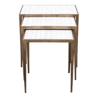 Set of 3 Nesting Tables in White Shagreen and Mother of Pearl With Bronze Patina Brass by R&y Augousti For Sale