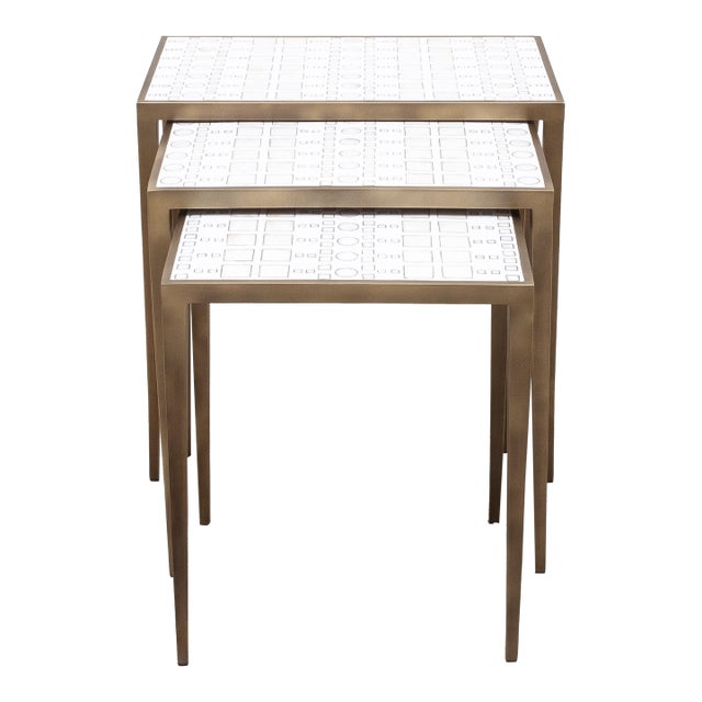 Set of 3 Nesting Tables in White Shagreen and Mother of Pearl With Bronze Patina Brass by R&y Augousti For Sale