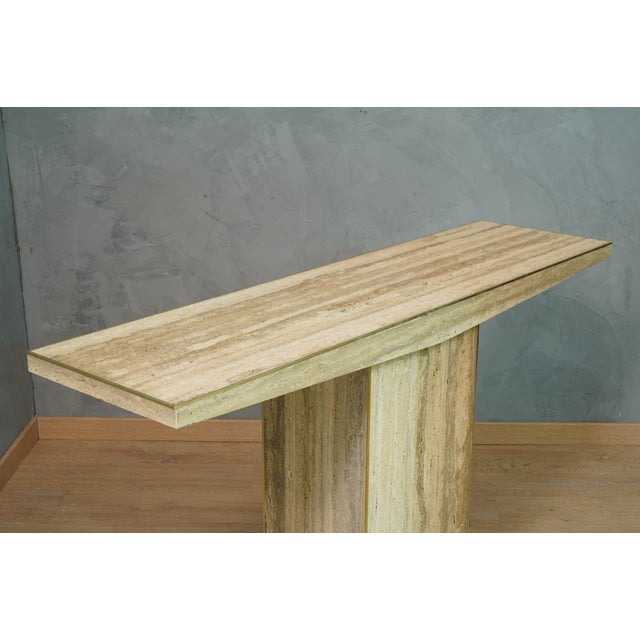 Metal Mid-Century Travertine Squared and Brass Console Table For Sale - Image 7 of 11