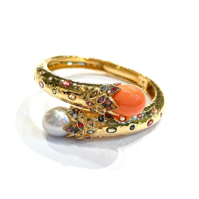 English Bochic “Orient” Sapphire, Coral & South Sea Pearl Bangle Set 18K & Silver For Sale - Image 3 of 12