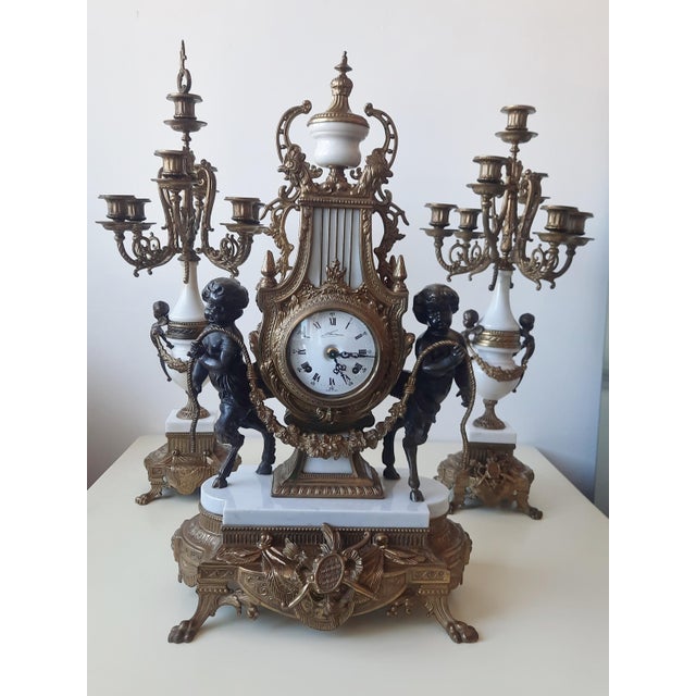 Metal Lancini Clock with Louis XVI Style Candlesticks, 1940s, Set of 3 For Sale - Image 7 of 18