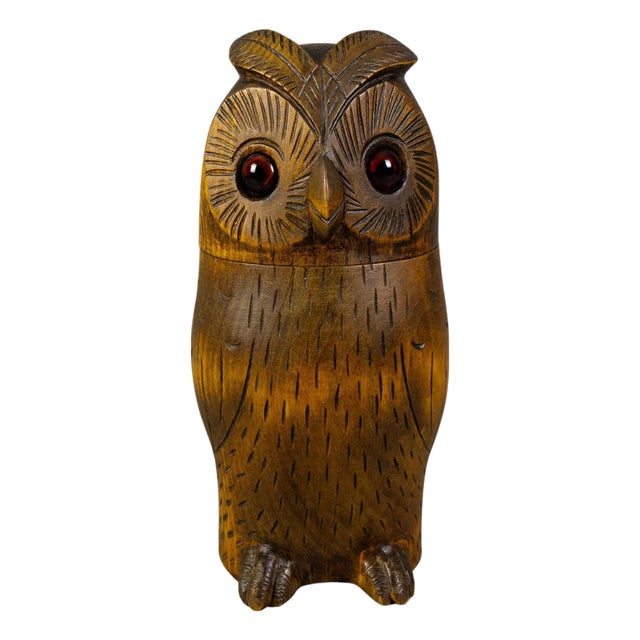 Mid-Century Black Forest Style Carved Linden Wood Owl Box, Germany, 1950s For Sale