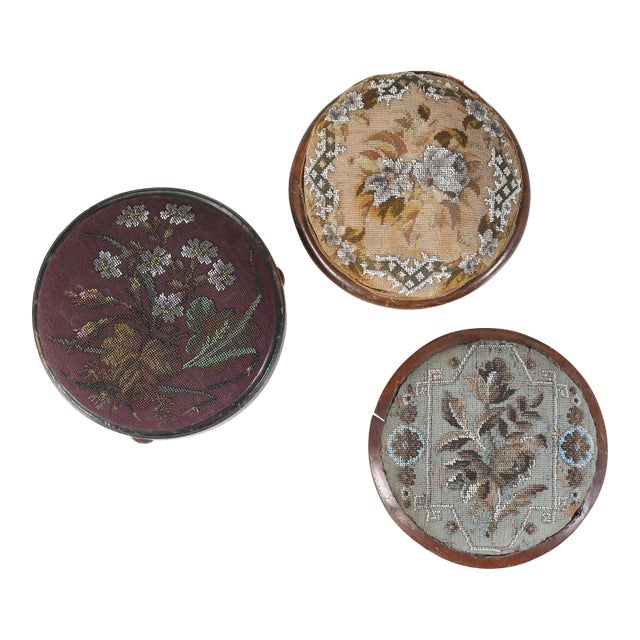 Antique Collection (3) English Beaded Needlepoint Ladies Ottoman or Footstools For Sale