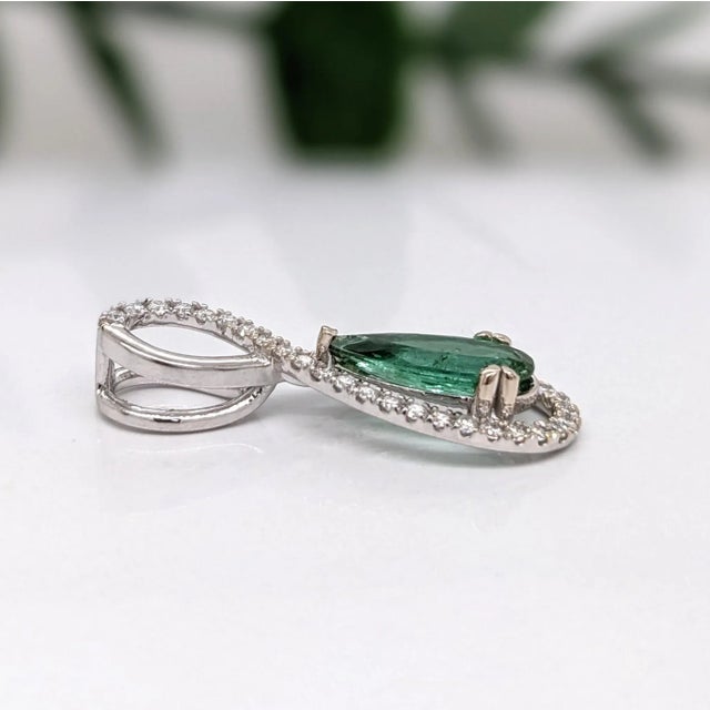 2020s 1ct Green Tourmaline Pendant with Earth Mined Diamonds in Solid 14K Gold Pear 11x5 For Sale - Image 5 of 10