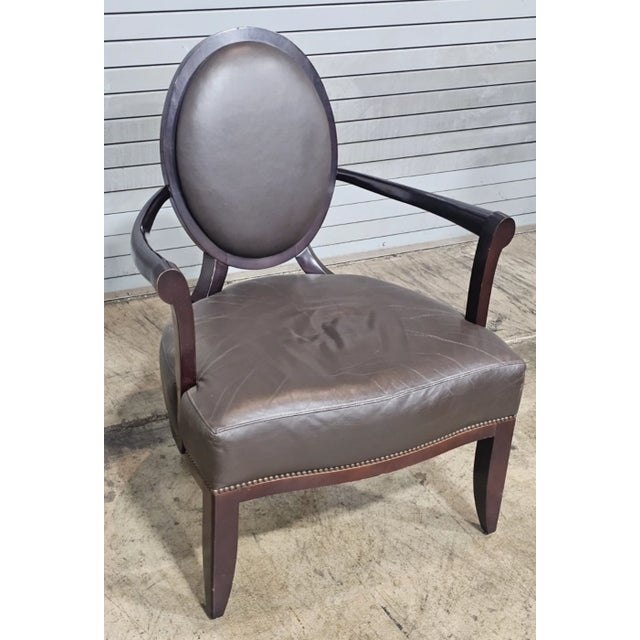 Baker Furniture Company Late 20th Century Oval X-Back Arm Chair Barbara Barry for Baker Furniture Brown Leather Fabric For Sale - Image 4 of 10