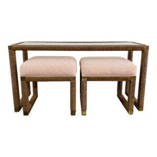 Vintage Wrapped Rattan Glass Top Console Table W/ Nesting Stool Pair For Sale