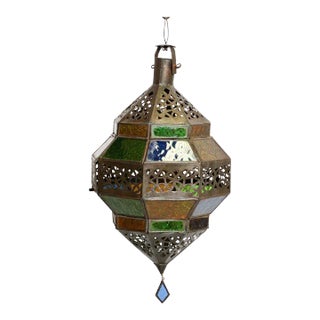 Handcrafted Moroccan Metal and Multi-Color Glass Lantern Octagonal Diamond Shape For Sale