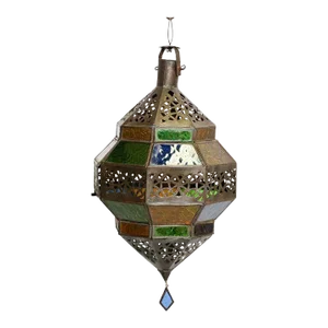 Handcrafted Moroccan Metal and Multi-Color Glass Lantern Octagonal Diamond Shape