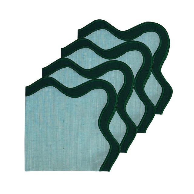 Handmade Wave Scalloped Napkins, Light Green with Dark Green Trim - Set of 4 For Sale - Image 9 of 9