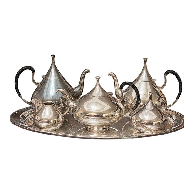 1960s Mid Century Modern John Prip for Reed and Barton. Dimension Tea and Coffee Service Set With Tray and Extra Coffee Pot. Silverplate - 6 pcs For Sale