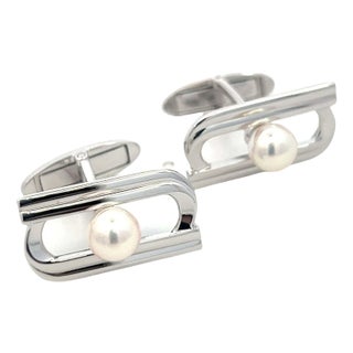 1990s Mikimoto Estate Akoya Pearl Cufflinks Silver, 2 Pieces For Sale