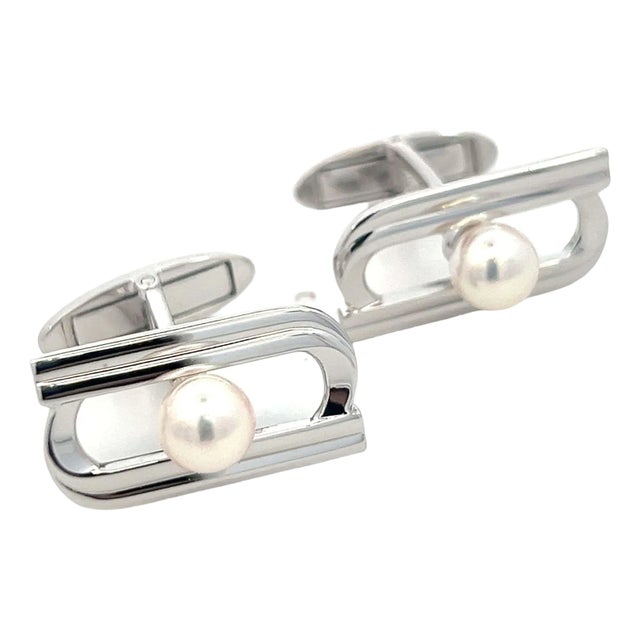 1990s Mikimoto Estate Akoya Pearl Cufflinks Silver, 2 Pieces For Sale