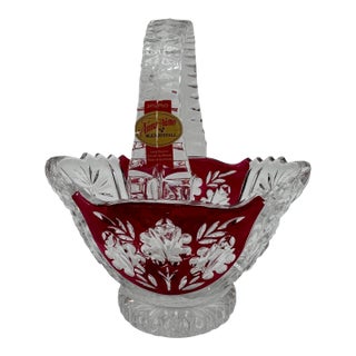 Vintage 6" Handled Basket in Oxford Rose Ruby Anna Hutte 24% PbO Lead Crystal For Sale