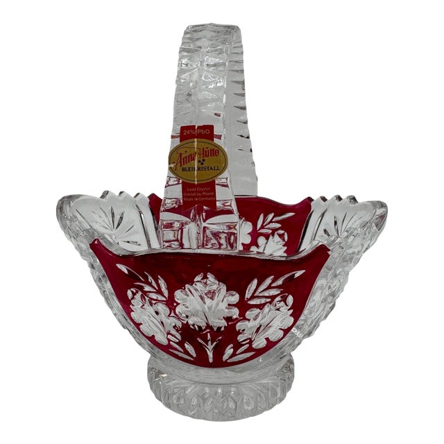 Vintage 6" Handled Basket in Oxford Rose Ruby Anna Hutte 24% PbO Lead Crystal For Sale