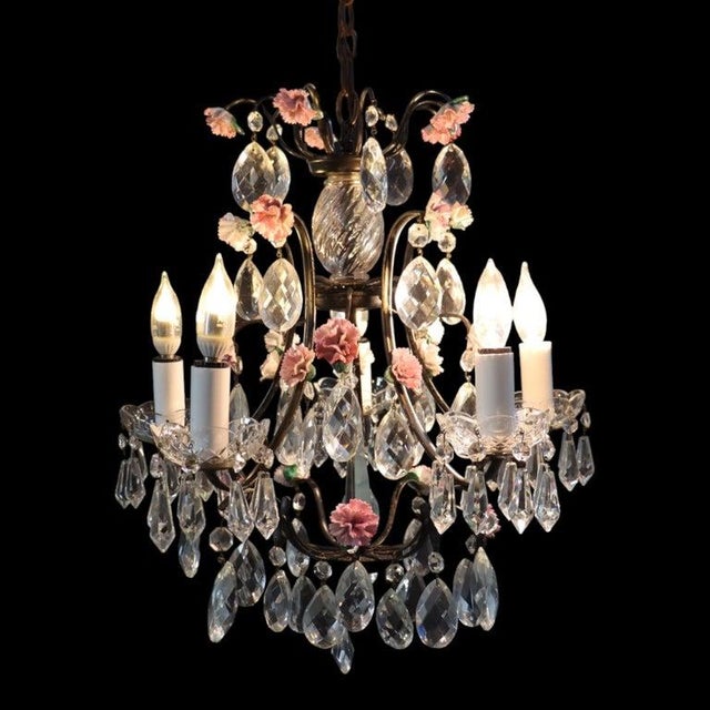 Vintage Crystal, Glass & Ebonized Iron 5-Light Chandelier With Porcelain Flowers For Sale - Image 10 of 11