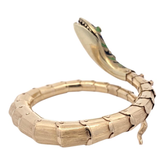White 1960s Vintage 14k Enamel & Diamond Articulated Snake Bracelet For Sale - Image 8 of 10