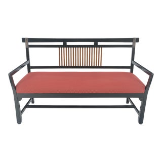 Vintage Black Lacquer Red Upholstery Bench with Arms Slotted Back MINT For Sale