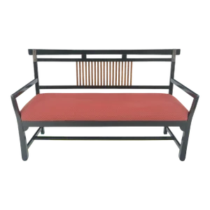 Vintage Black Lacquer Red Upholstery Bench with Arms Slotted Back MINT