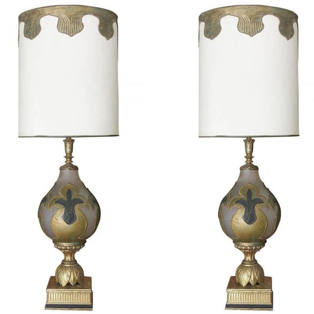 Hand Painted Impasto Frosted Glass Mid-Century Table Lamp With Shade - a Pair For Sale - Image 10 of 10