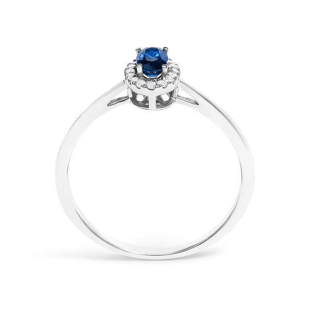 10K White Gold 5X3MM Oval Blue Sapphire and Diamond Accent Halo Ring (I-J Color, I1-I2 Clarity) - Ring Size 7 For Sale In New York - Image 6 of 7