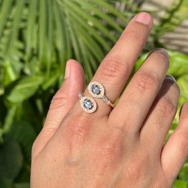 Contemporary 14k Gold Handmade Natural Aquamarine & Diamond Bypass Wrap Ring Size 7 For Sale - Image 3 of 15