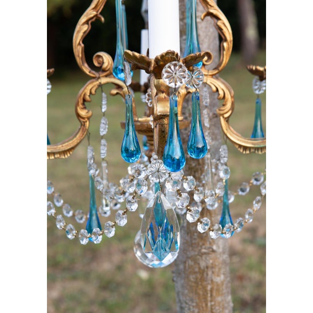 Antique French Chandelier in Bronze Drops Murano Blue, 1950 For Sale - Image 6 of 12