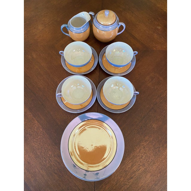 1930s Blue and Peach Japanese Lusterware Tea Set- 15 Pieces For Sale In Philadelphia - Image 6 of 9