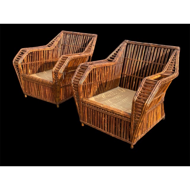1930s Pair of Restored Art Deco Pencil Split Reed Rattan Lounge Chairs For Sale - Image 4 of 11