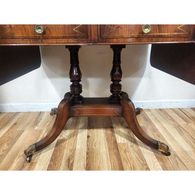 19th C English Regency Carved Brass Inlaid Rosewood Drop Leaf Sofa Table Desk For Sale - Image 16 of 18