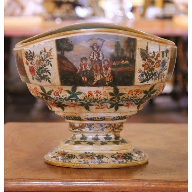 Decorate a dining table, console, or kitchen island with this unusual antique hand-painted wooden centerpiece bowl....