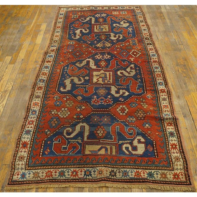 1900s Red Geometric Antique Caucasian Chondzoresk Kazak Rug 3' 6"x7' 9" Handknotted Wool Carpet For Sale In New York - Image 6 of 18