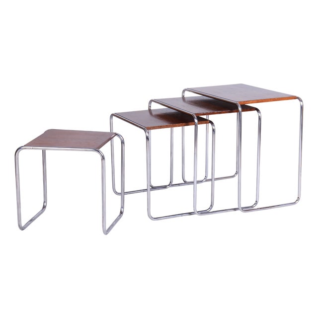 Nesting Tables in Oak and Chrome by M. Breuer for Thonet, Czech, 1920s, Set of 4 For Sale