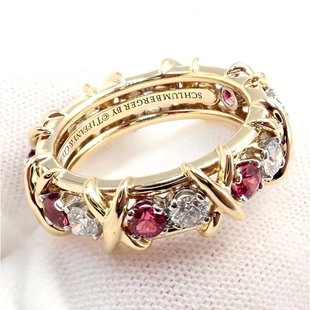 Tiffany & Co Schlumberger Gold Platinum 16 Stone Diamond Ruby Band Ring, Size 5 For Sale - Image 14 of 14