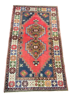 Vintage Ethnic Turkish Handmade Red and Blue Rug