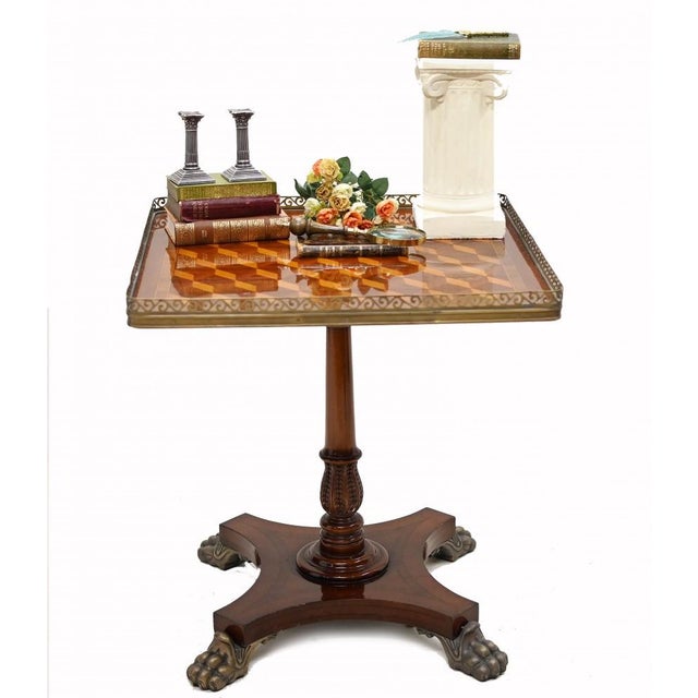 - Elegant single Regency style parquetry side table - Intricate parquetry inlay work to the top, very well crafted - Brass...
