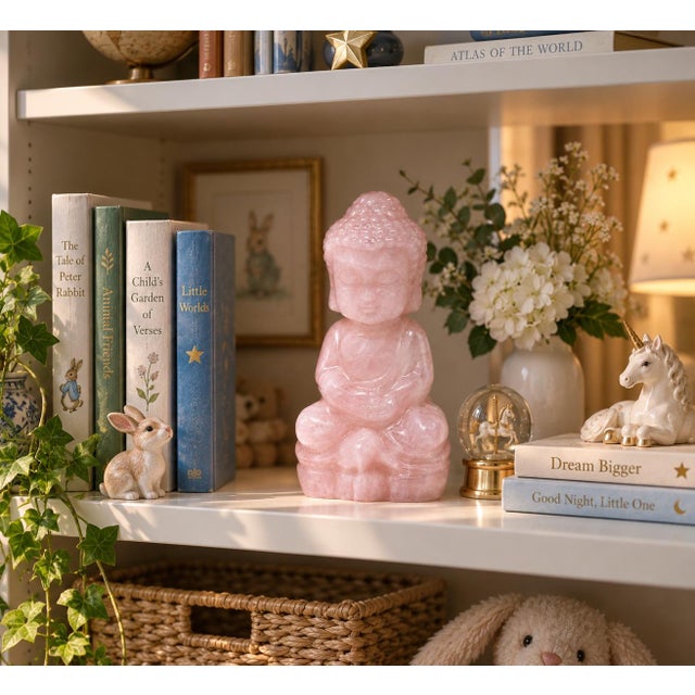 Chinese Natural Rose Quartz Baby Buddha Statue Hand Carved For Sale - Image 3 of 16