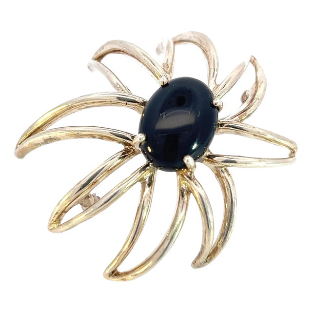 1990s Tiffany & Co Estate Large Onyx Flower Brooch Sterling Silver For Sale
