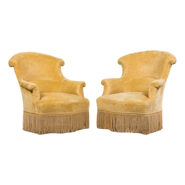 19th Century French Napoleon III Armchairs W/ Buttercream Ochre Velvet - A Pair For Sale